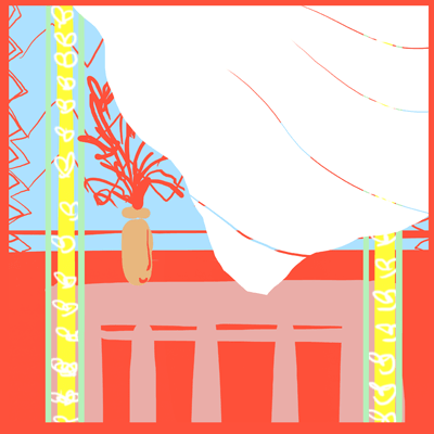おひつじ座 24度のサビアンシンボル 「開いた窓と豊穣の角の形に吹き上げられたカーテン」のイラスト