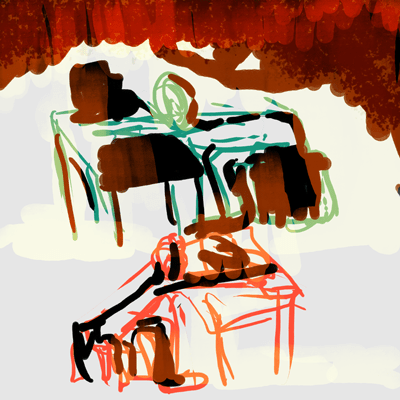 おうし座 29度のサビアンシンボル 「テーブルで働いている2人の靴職人」のイラスト