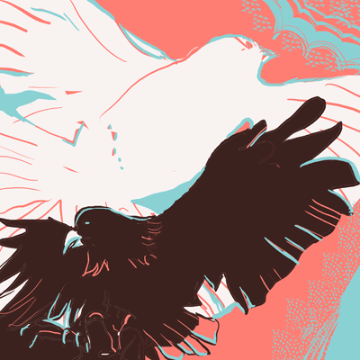 てんびん座 26度のサビアンシンボル 「互いに入れ替わる鷹と大きな白い鳩」のイラスト