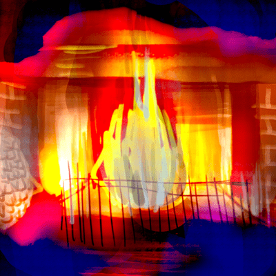 てんびん座 8度のサビアンシンボル 「荒廃した家の中で燃え盛る暖炉 」のイラスト