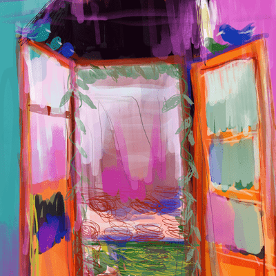 いて座 24度のサビアンシンボル 「家のドアにとまっている青い鳥」のイラスト