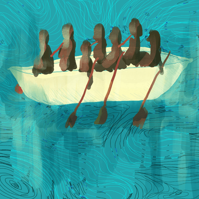 やぎ座 4度のサビアンシンボル 「大きなカヌーへ乗り込む一団」のイラスト