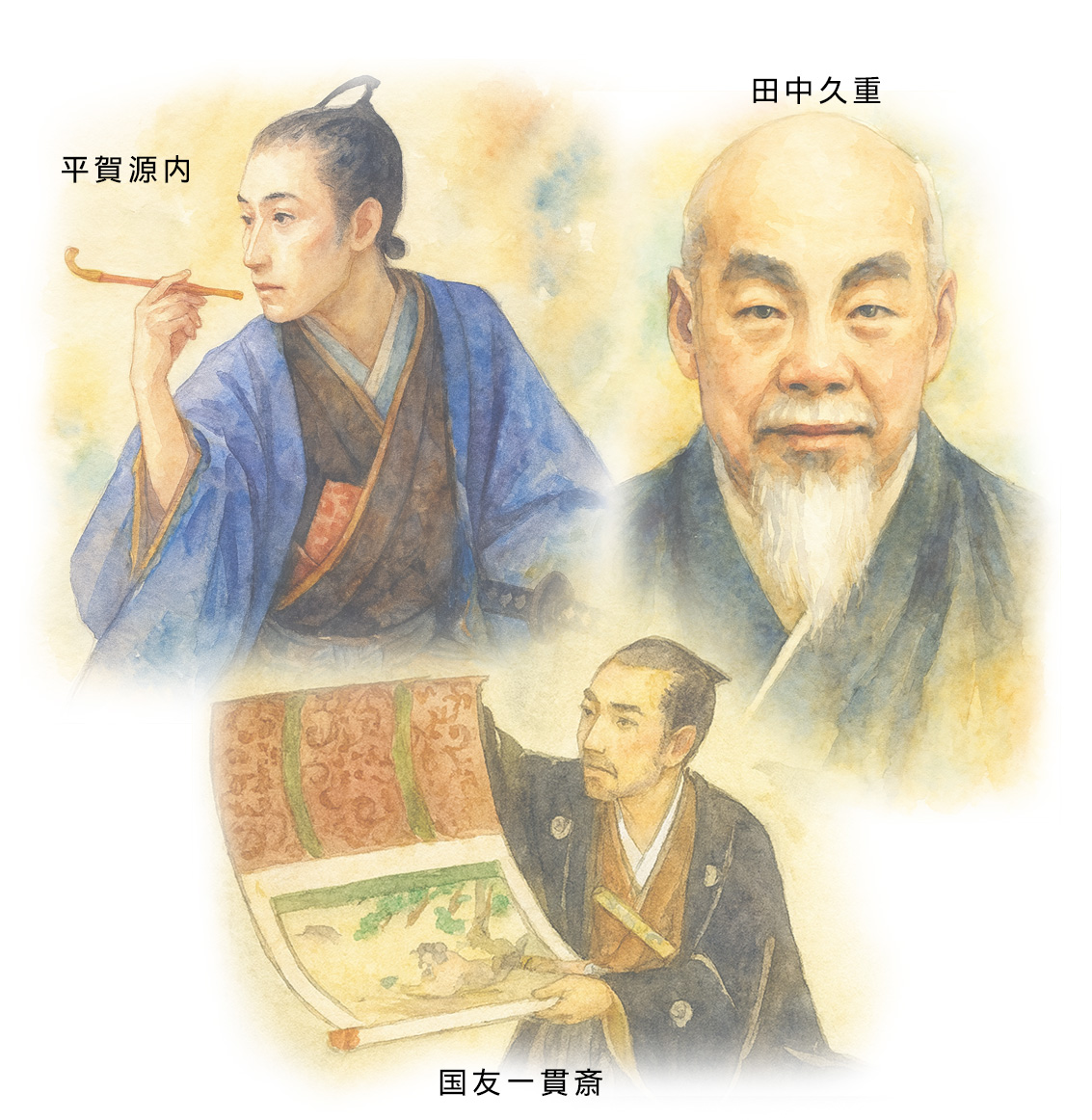 平賀源内、田中重久、国友一貫斎のイラスト