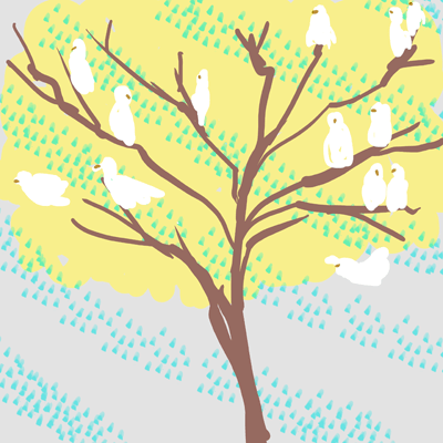 しし座 28度のサビアンシンボル 「大きな木の枝にとまるたくさんの小鳥」のイラスト