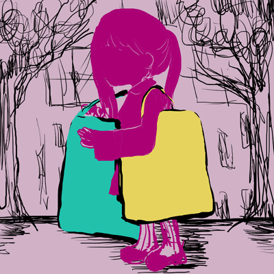 やぎ座 19度のサビアンシンボル 「大きな買い物袋を下げた５歳程度の子供」のイラスト