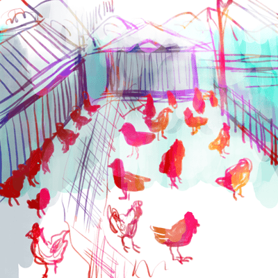 やぎ座 28度のサビアンシンボル 「大きな養鶏場」のイラスト