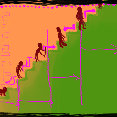 みずがめ座 12度のサビアンシンボル 「上へと順に並ぶ階段の上の人々」のイラスト